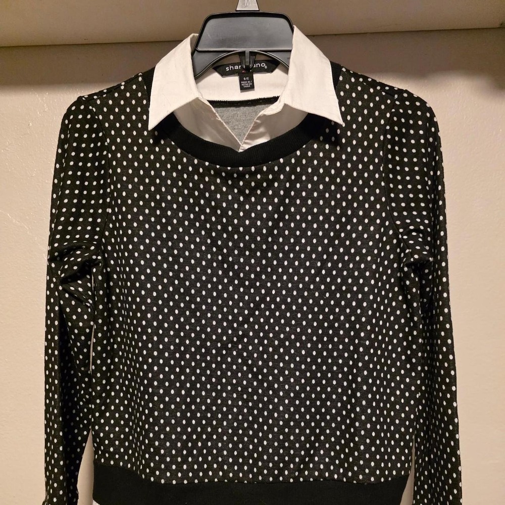 Sharagano Womens Polka Dot Layered Look Collar Long Sleeve Knit Top Black White